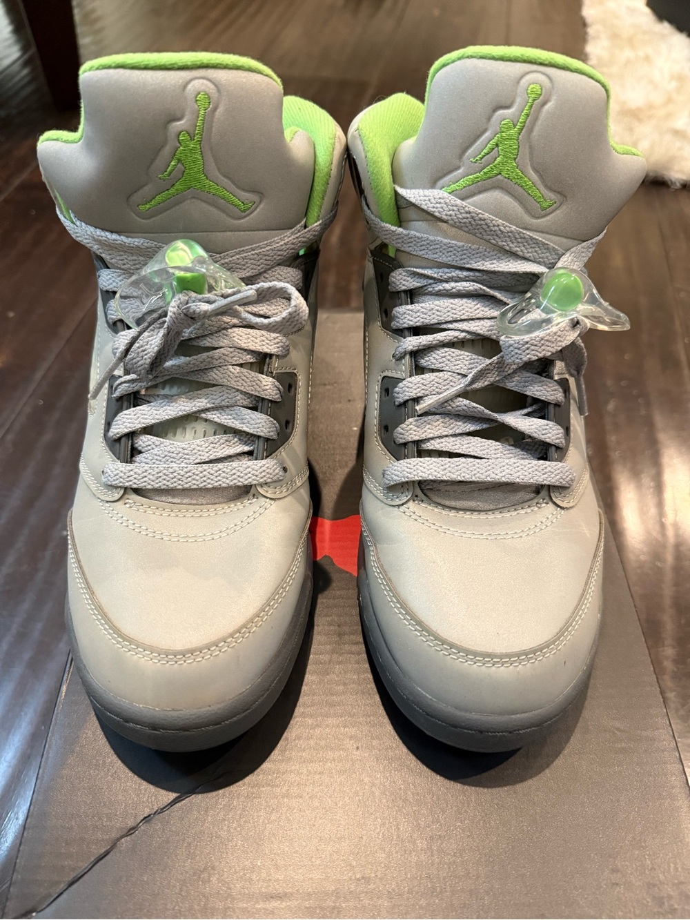Air Jordan Retro 5 Kids Gray and Neon Green Basketball Sneakers